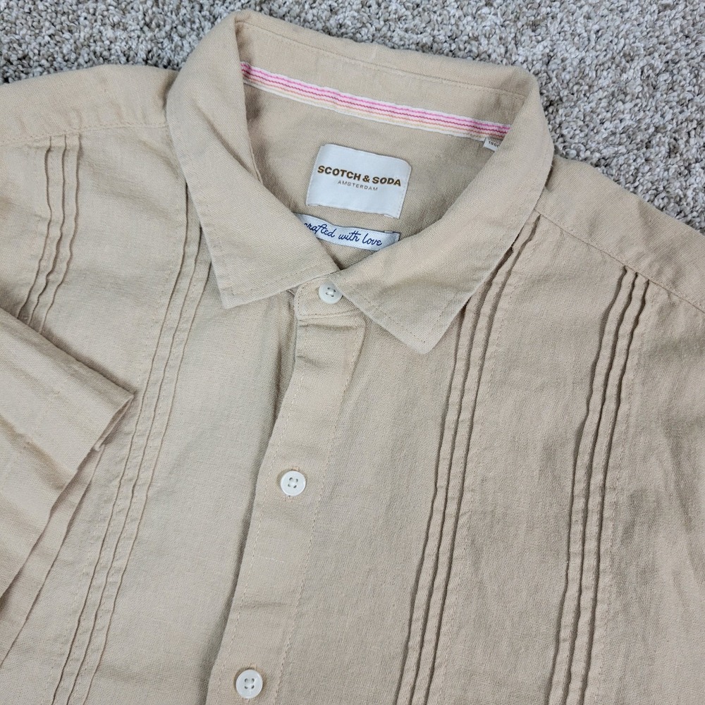Scotch‎ & Soda Amsterdam Mens 2XL Solid Tan Button Up Short Sleeve Linen Blend